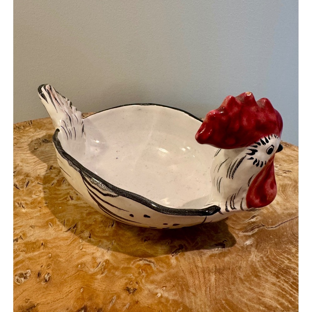 Vintage Italian Ceramic Rooster Bowl Hand Painted Figural Hen Dish Made in Italy